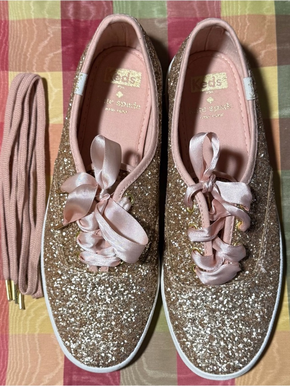 kate spade Gold Glitter Sneakers with Pink Satin Ribbon Laces - Picture 6 of 10